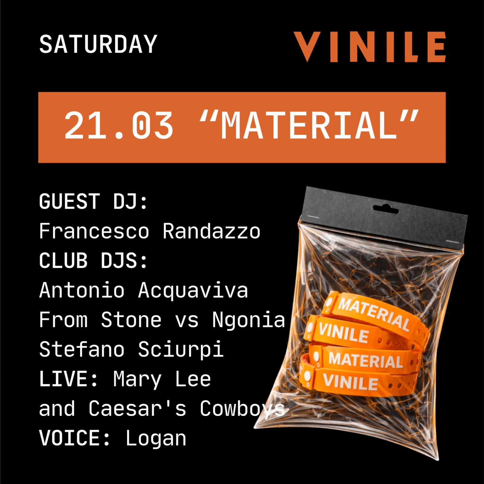 MATERIAL, sabato 21 marzo 2026 al Vinile